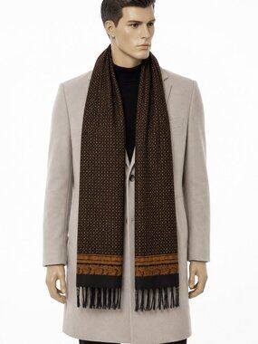 Vintage German Silk Wool Reversible Men's Scarf Double Sided Fringe 145cm NWT